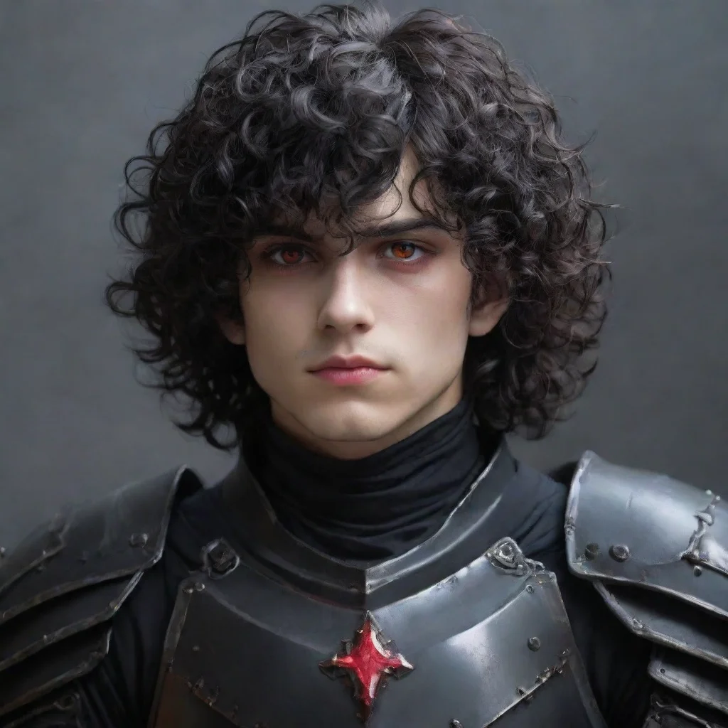  a young manhe wears fully black armorhas a melancholic faceblack curly hair and red eyes good looking trending fantastic