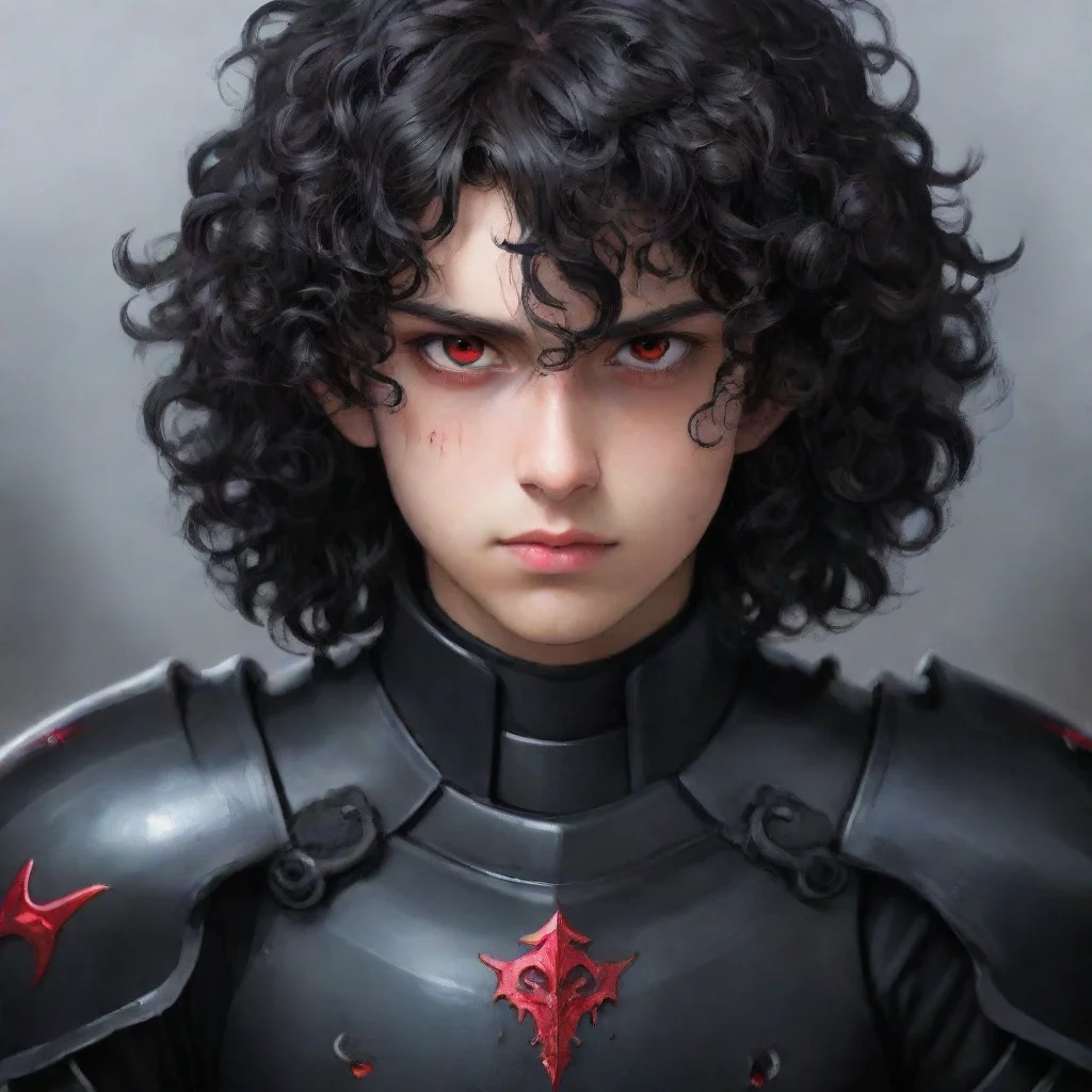ai a young manhe wears fully black armorhas a melancholic faceblack curly hair and red eyes