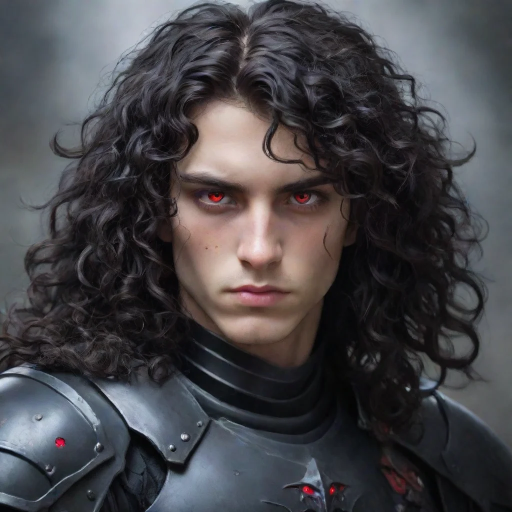  a young manhe wears fully black armorhas a pale melancholic facelong black curly hair and red eyes amazing awesome portr