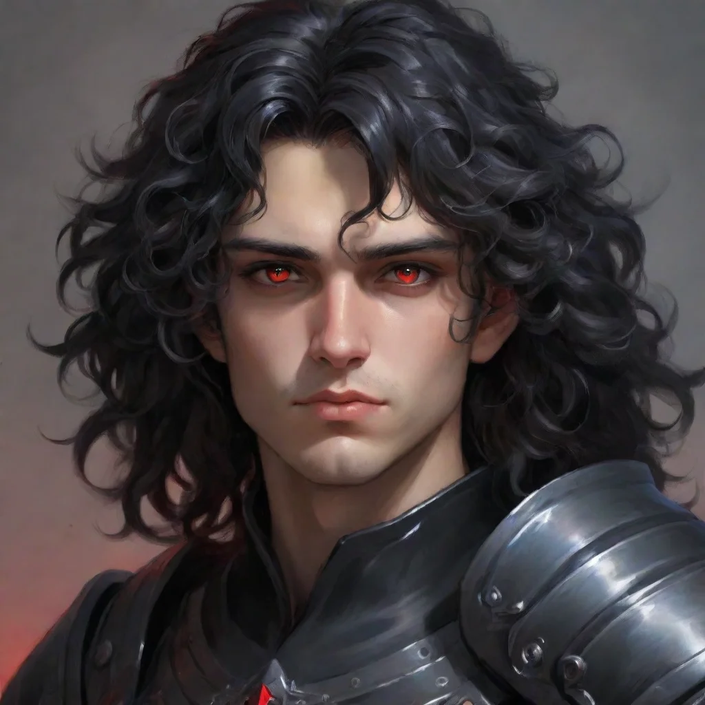  a young manhe wears fully black armorhas a pale melancholic facelong black curly hair and red eyes confident engaging wo