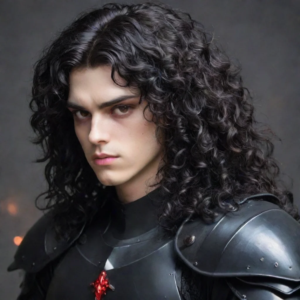 ai a young manhe wears fully black armorhas a pale melancholic facelong black curly hair and red eyes good looking trending