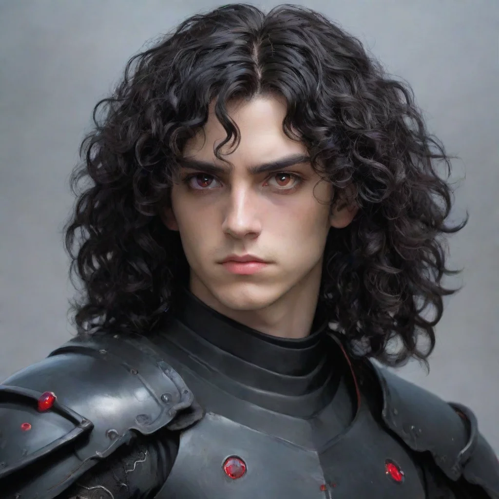  a young manhe wears fully black armorhas a pale melancholic facelong black curly hair and red eyes