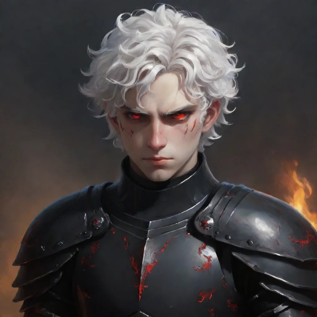  a young manwith fully black armorhe has a pale and melancholic face with burned skinhe has short curly white hair and re