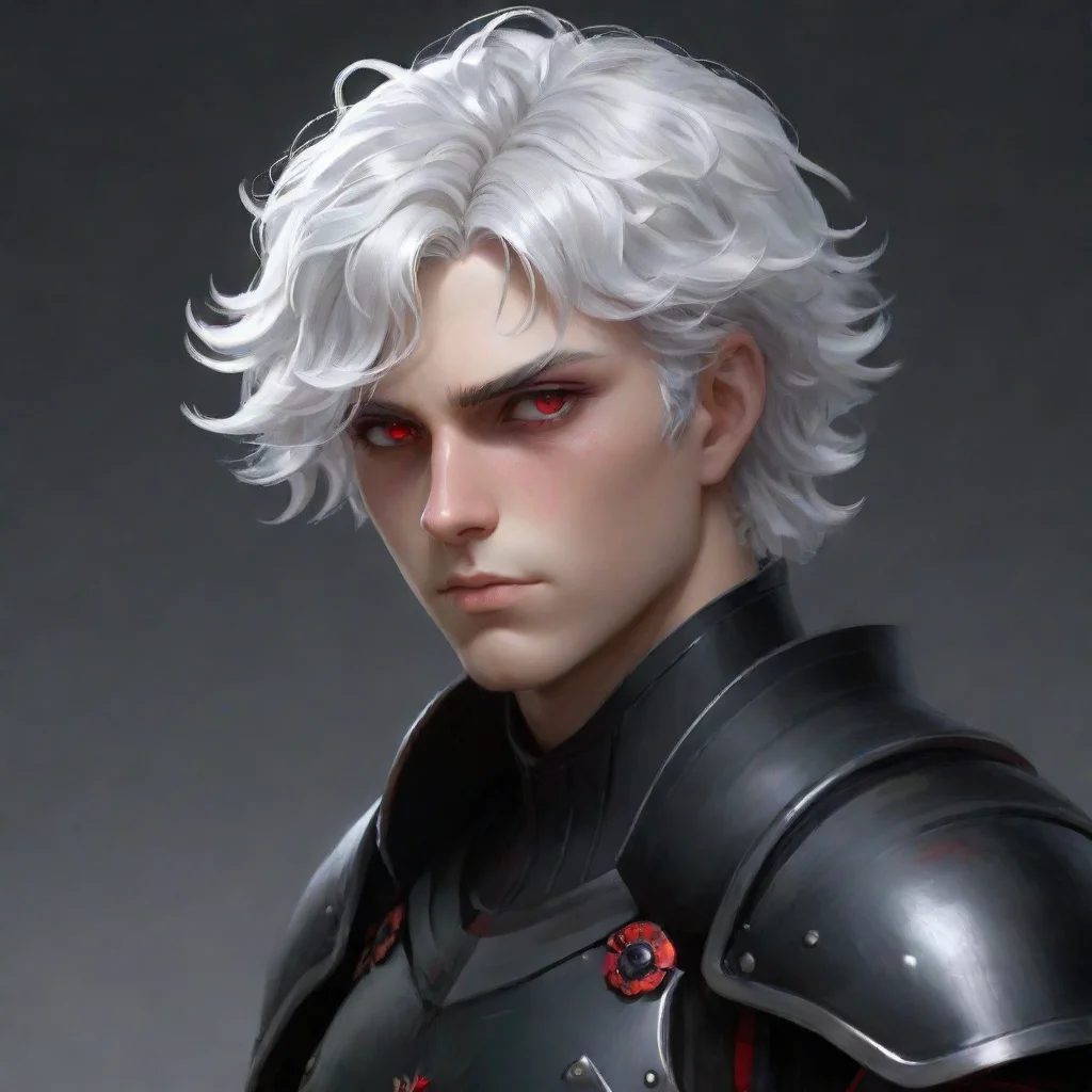  a young manwith fully black armorhe has a pale and melancholic face with scaled skinhe has short curly white hair and re
