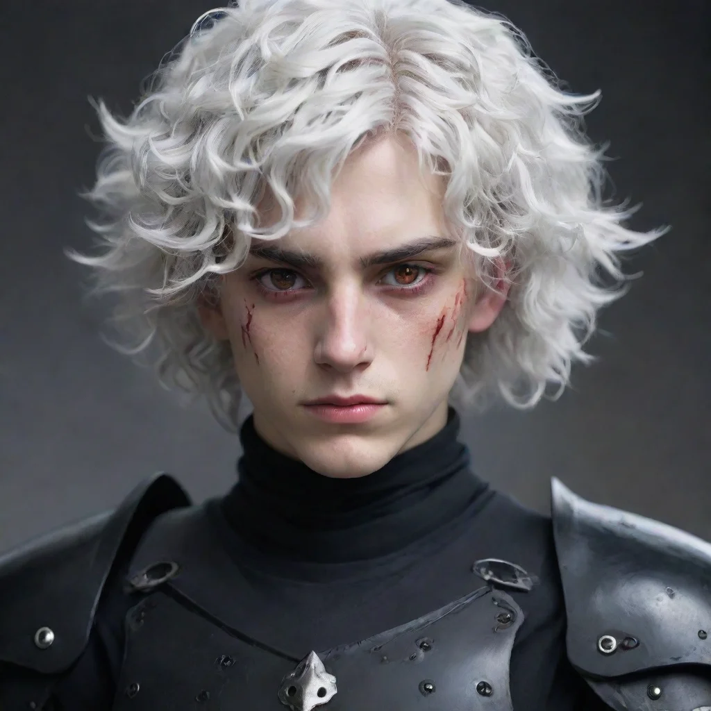 ai a young manwith fully black armorhe has a pale and melancholic face with scars on his facehe has short curly white hair 