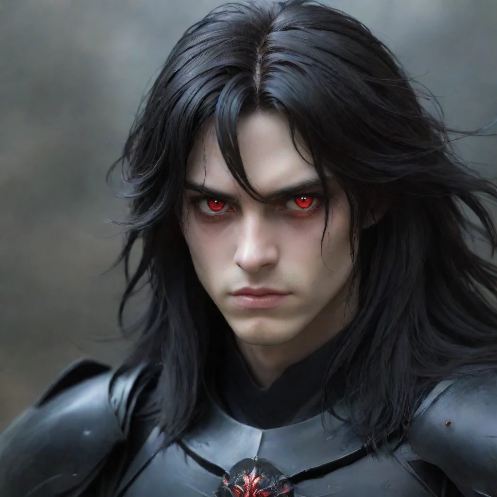  a young manwith fully black armorhe has a pale and melancholic facehe has long black hair with red eyes amazing awesome 