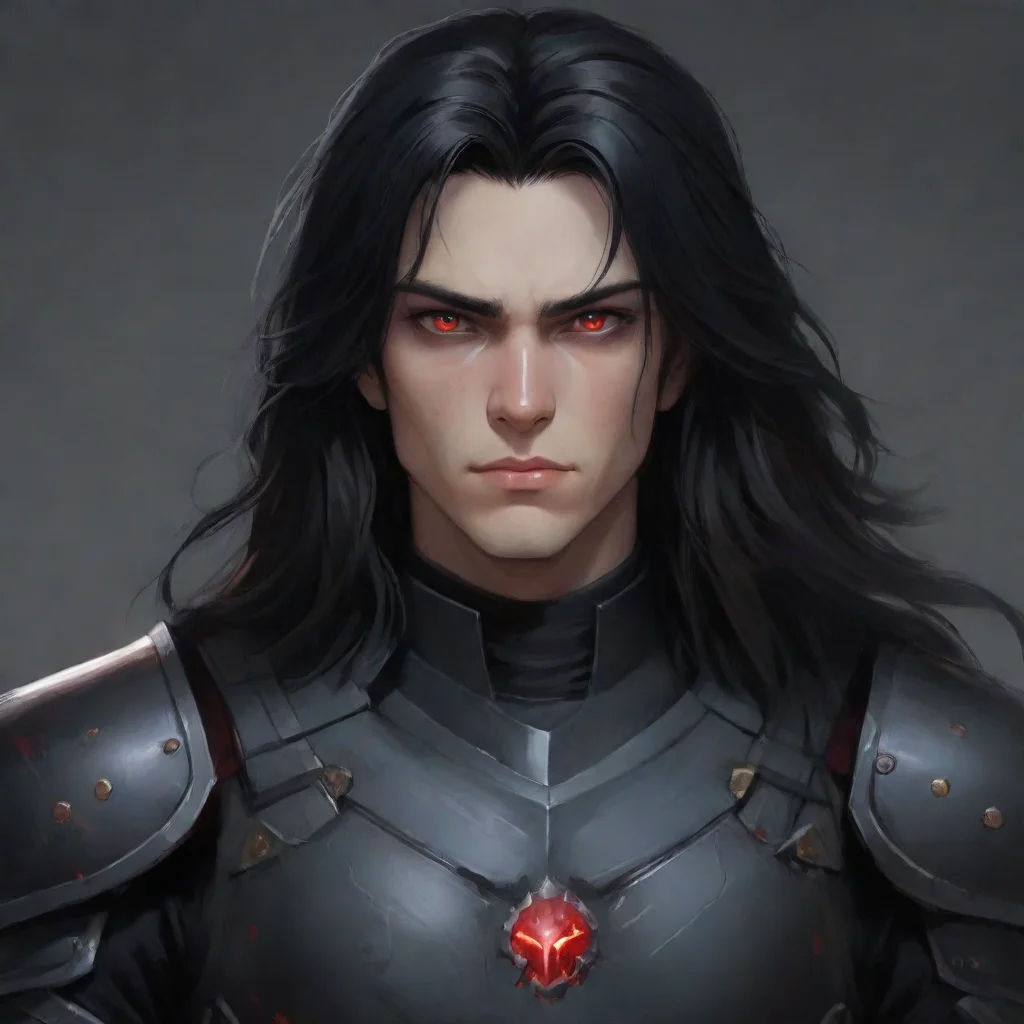  a young manwith fully black armorhe has a pale and melancholic facehe has long black hair with red eyes confident engagi
