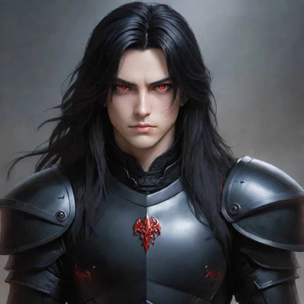 ai a young manwith fully black armorhe has a pale and melancholic facehe has long black hair with red eyes good looking tre