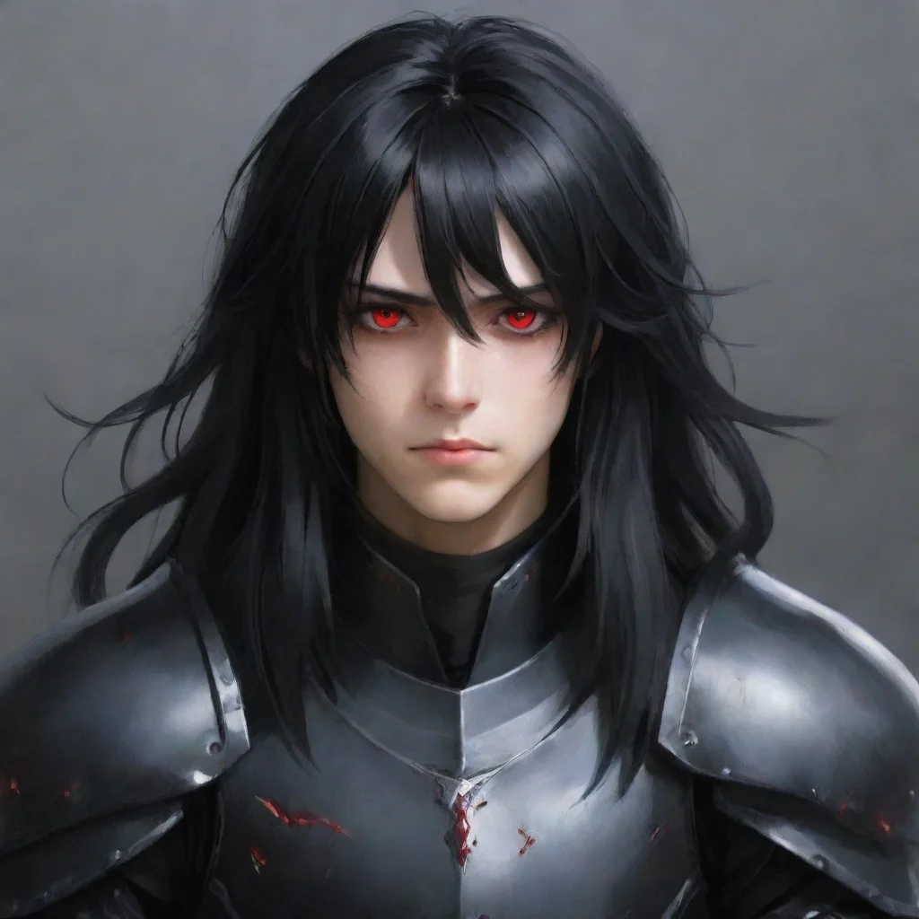  a young manwith fully black armorhe has a pale and melancholic facehe has long black hair with red eyes