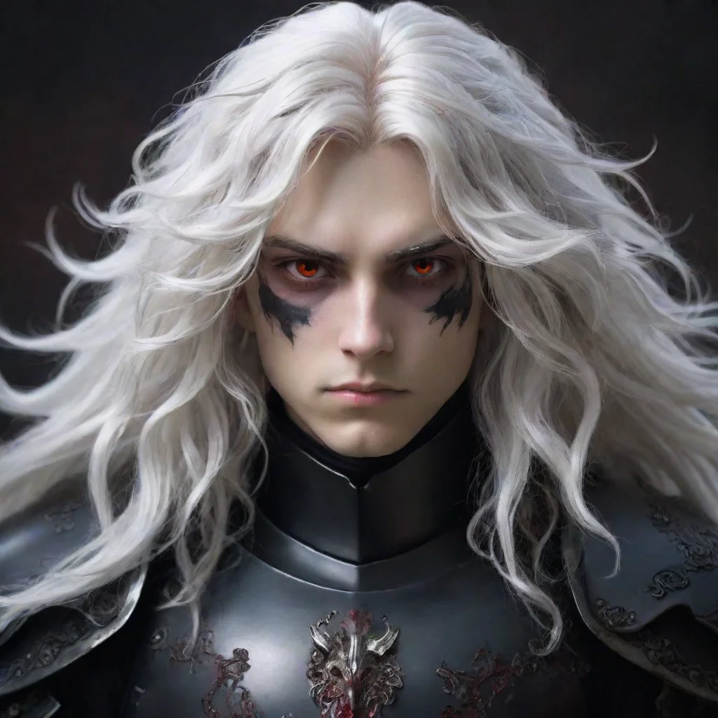  a young manwith fully black armorhe has a pale and melancholic facehe has long curly white hair and red eyes amazing awe