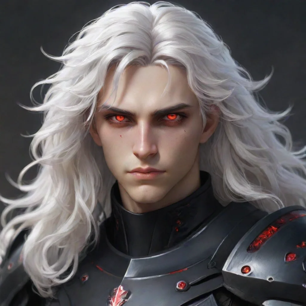 ai a young manwith fully black armorhe has a pale and melancholic facehe has long curly white hair and red eyes confident e