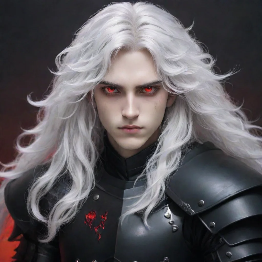 ai a young manwith fully black armorhe has a pale and melancholic facehe has long curly white hair and red eyes good lookin