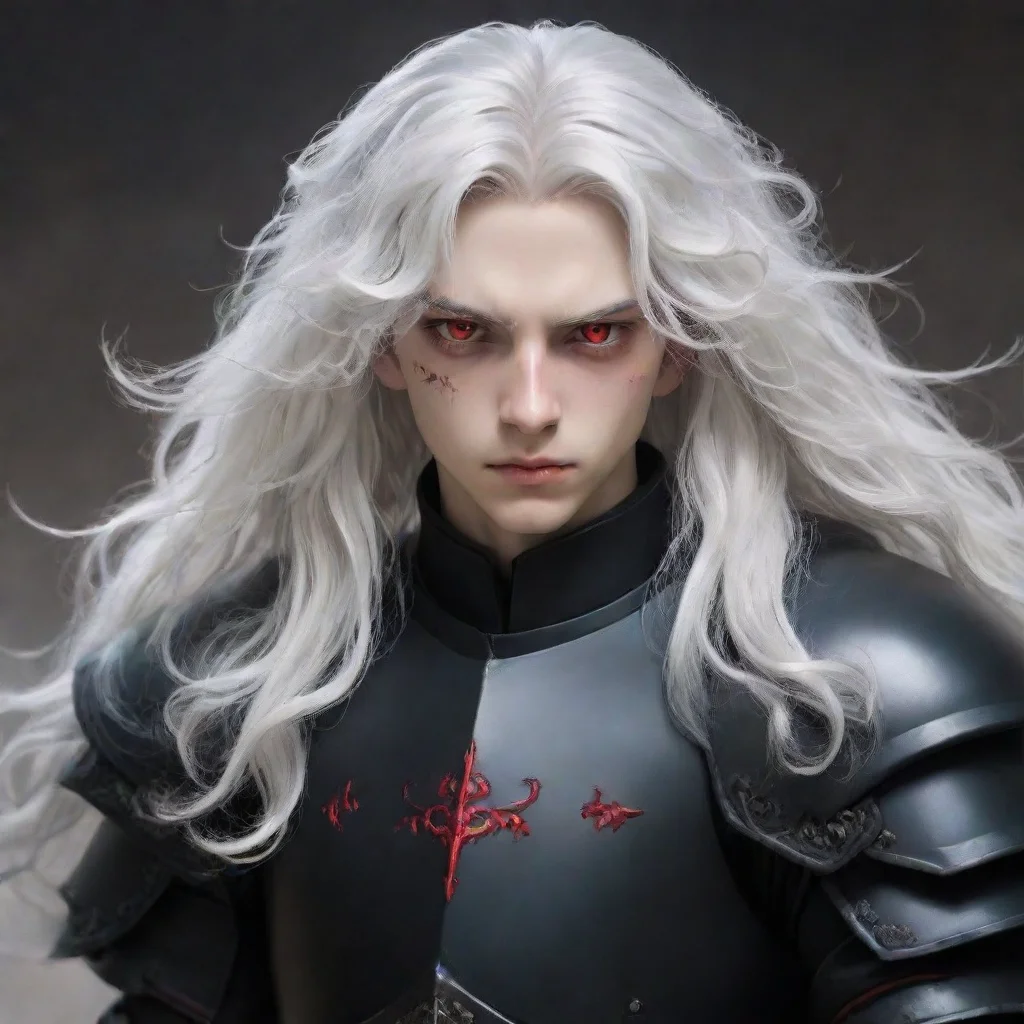 ai a young manwith fully black armorhe has a pale and melancholic facehe has long curly white hair and red eyes