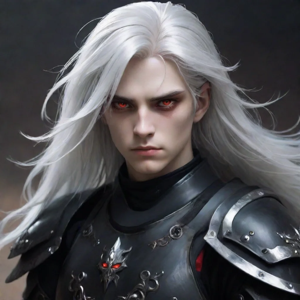  a young manwith fully black armorhe has a pale and melancholic facehe has long white and black hair and red eyes amazing