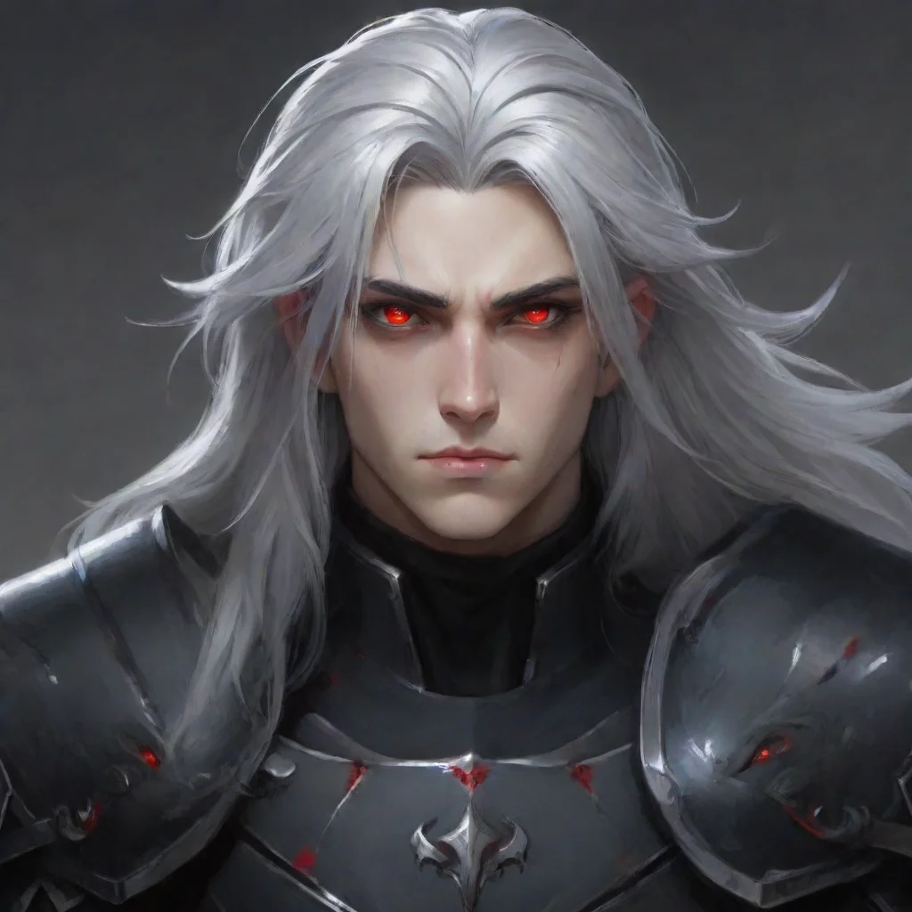  a young manwith fully black armorhe has a pale and melancholic facehe has long white and black hair and red eyes confide