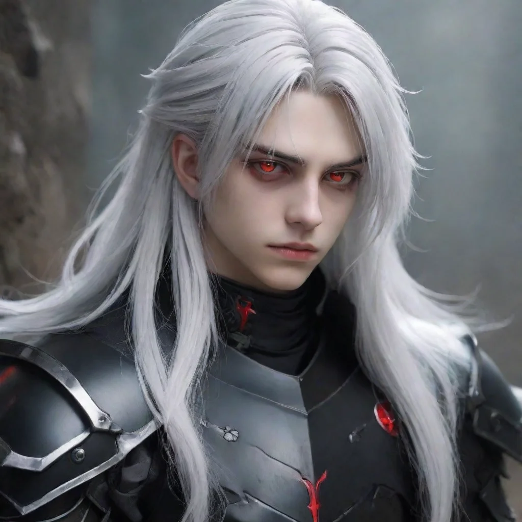  a young manwith fully black armorhe has a pale and melancholic facehe has long white and black hair and red eyes good lo