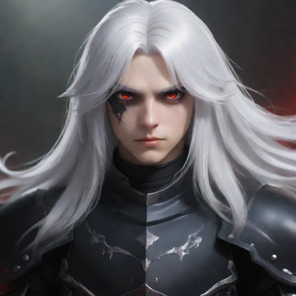  a young manwith fully black armorhe has a pale and melancholic facehe has long white and black hair and red eyes