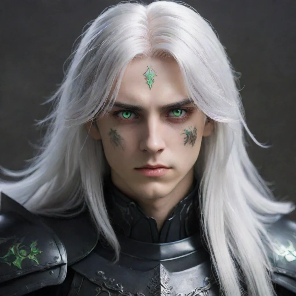 ai a young manwith fully black armorhe has a pale and melancholic facehe has long white hair with green highlights and red 