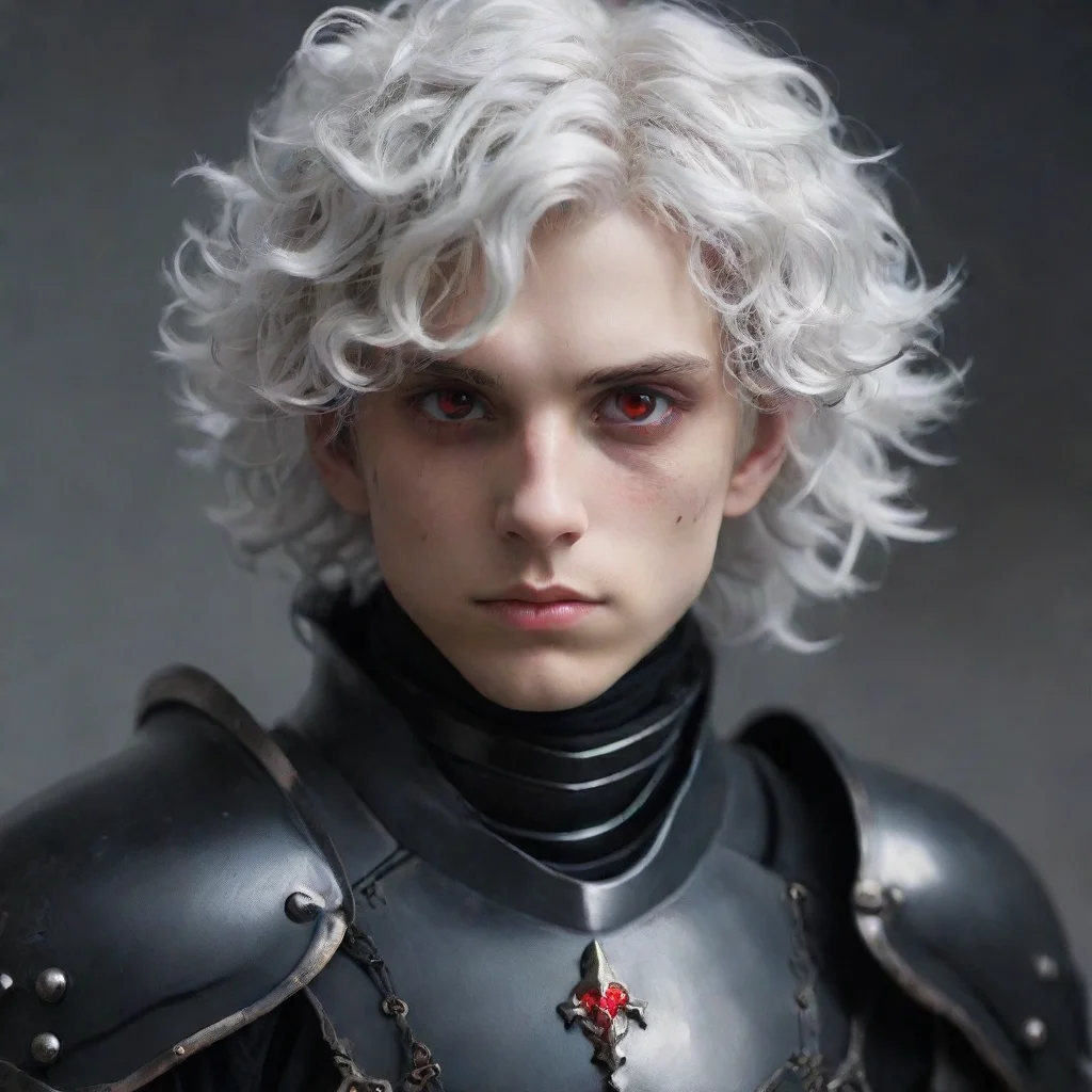 ai a young manwith fully black armorhe has a pale and melancholic facehe has short curly white hair and red eyes amazing aw