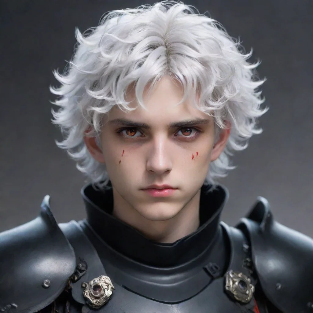 ai a young manwith fully black armorhe has a pale and melancholic facehe has short curly white hair and red eyes good looki