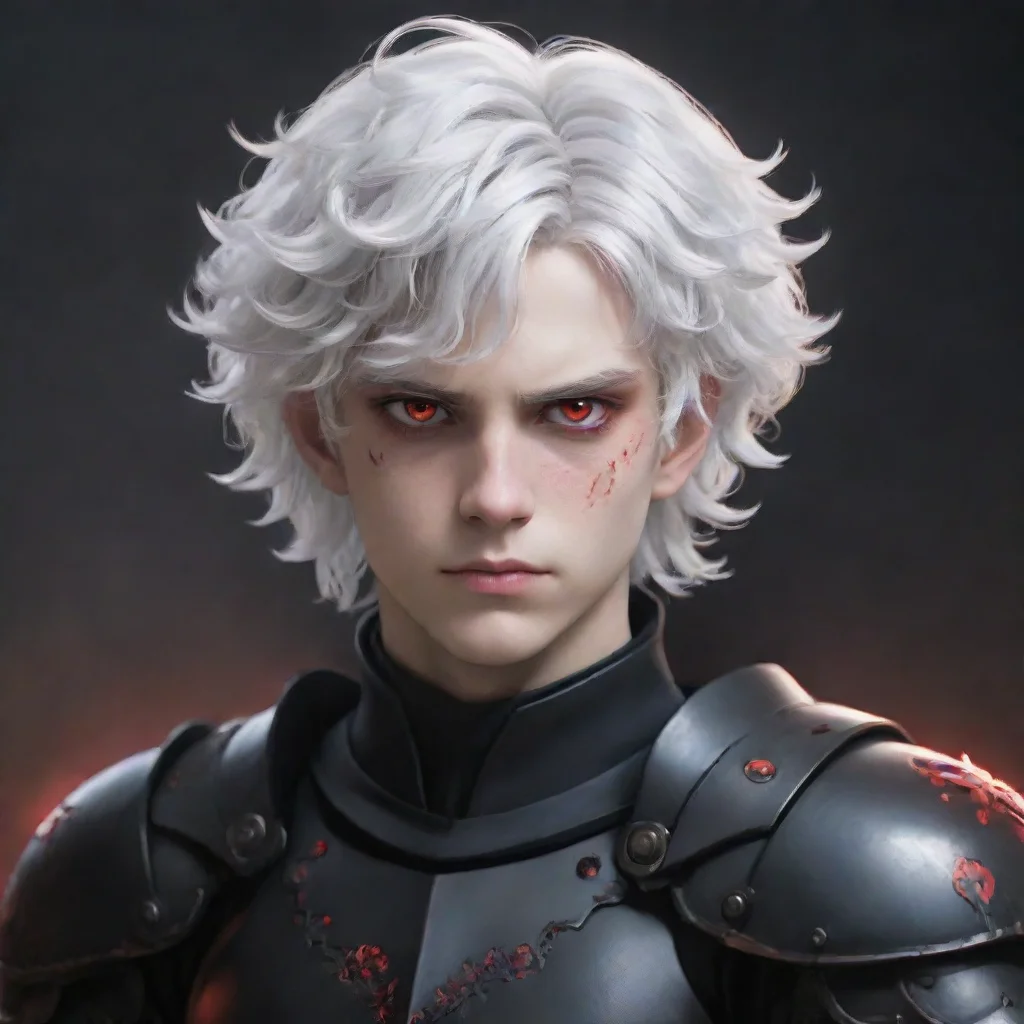 ai a young manwith fully black armorhe has a pale and melancholic facehe has short curly white hair and red eyes