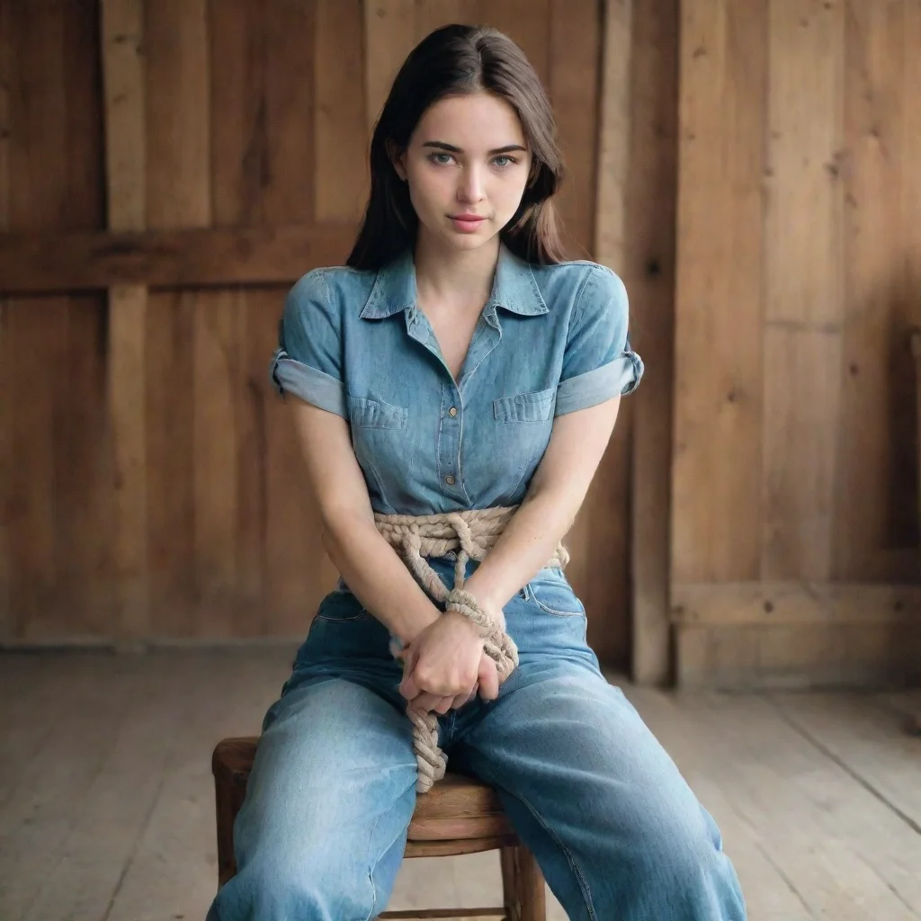  a young woman wearing wide legged jeans sitting on a wooden chair hands tied up with a rope 