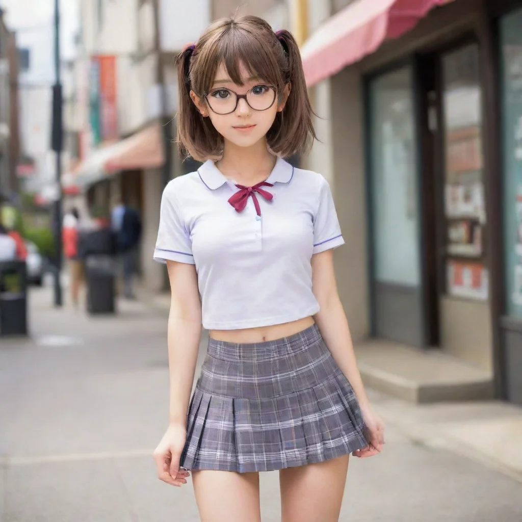  adorable nerdy anime woman in an extremely short miniskirt