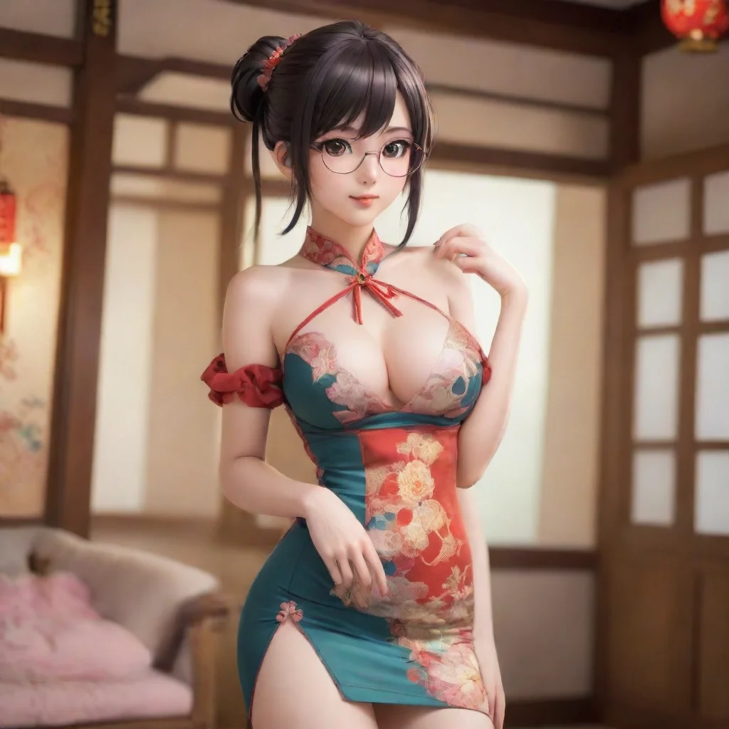  adorable nerdy anime woman wearing a tight revealing chinese dress