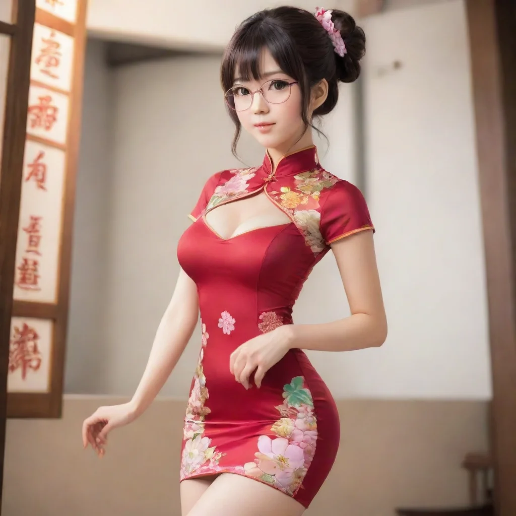  adorable nerdy anime woman wearing tight revealing cheongsam