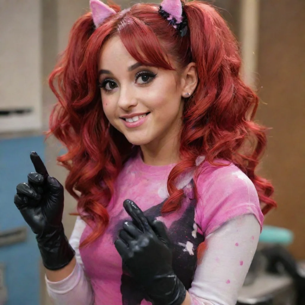 ai adult30 year old ariana grande as cat valentine from victorious smiling with black tough nitrile gloves and gun and mayo