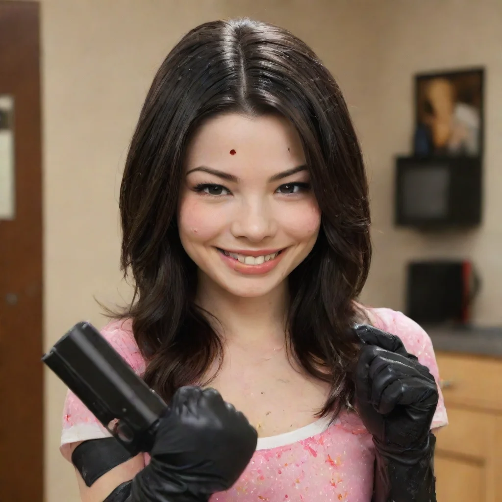  adult30 year old miranda cosgrovesmiling with black deluxe nitrile gloves and gun and mayonnaise splattered everywhere