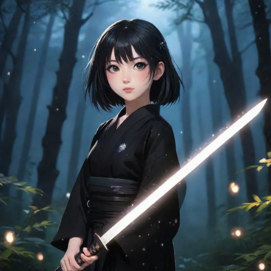  aesthetic grunge realistic japanese anime girl with katana wearing black yukata night forest shining sparkles background