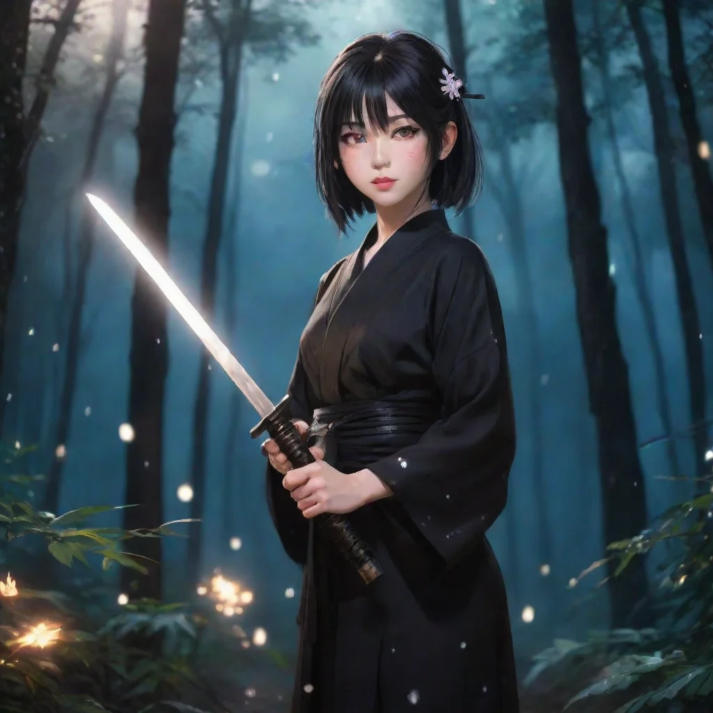 ai aesthetic grunge realistic japanese anime woman with katana wearing black yukata night forest shining sparkles backgroun