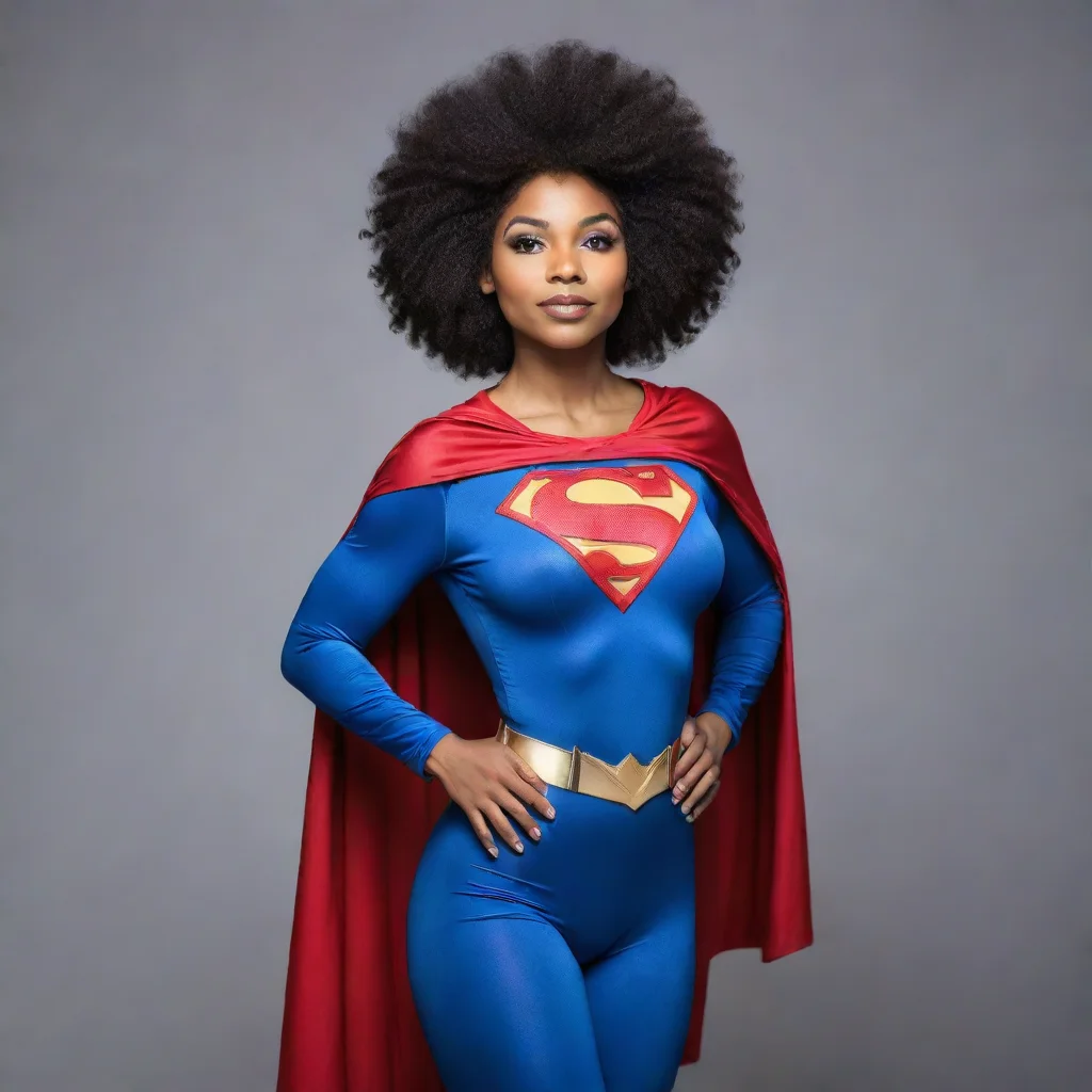 afro african american woman dressed in superwoman outfit