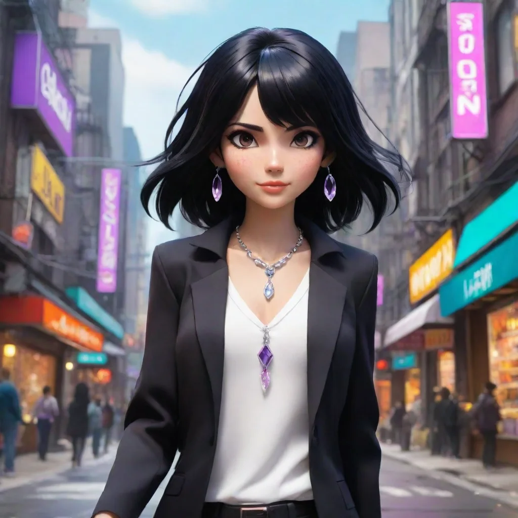  agent 9a coralized hareling girl with drooping black hair and a mysterious crystal necklacewalks casually through the vi
