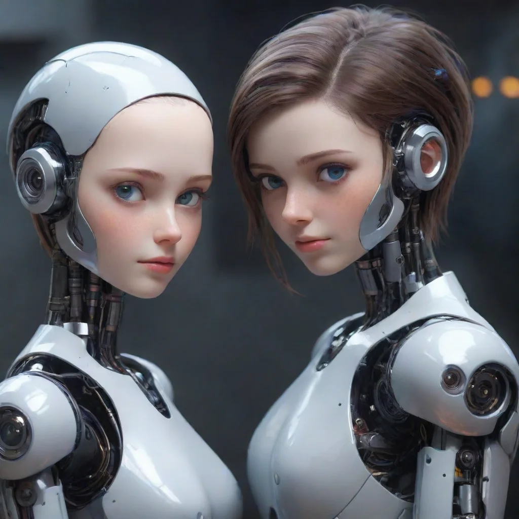  ai robots boy and girl elinor and thomas arm around each other romantic looking at camera eyes clear wow beautiful ai ar