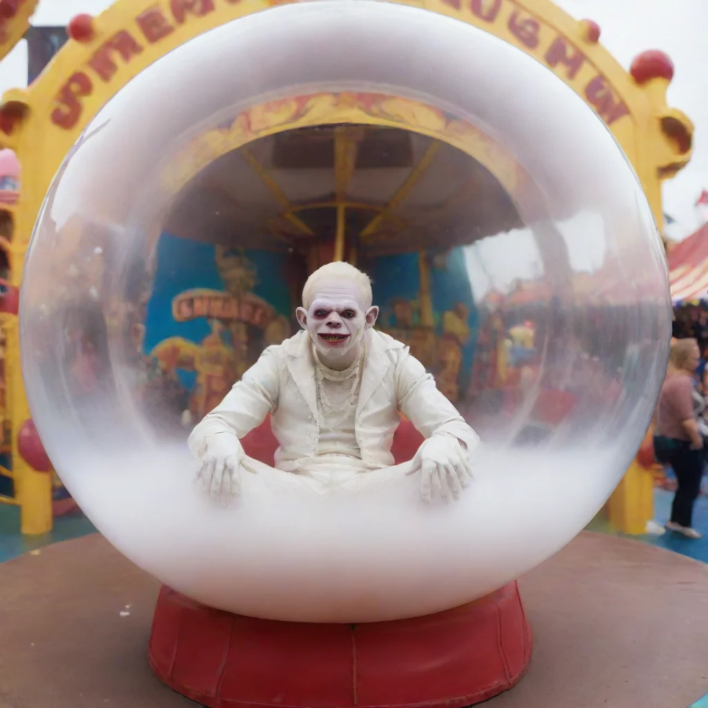 ai albino half ork sitting inside a bubble floating over a carnival in a cle wide