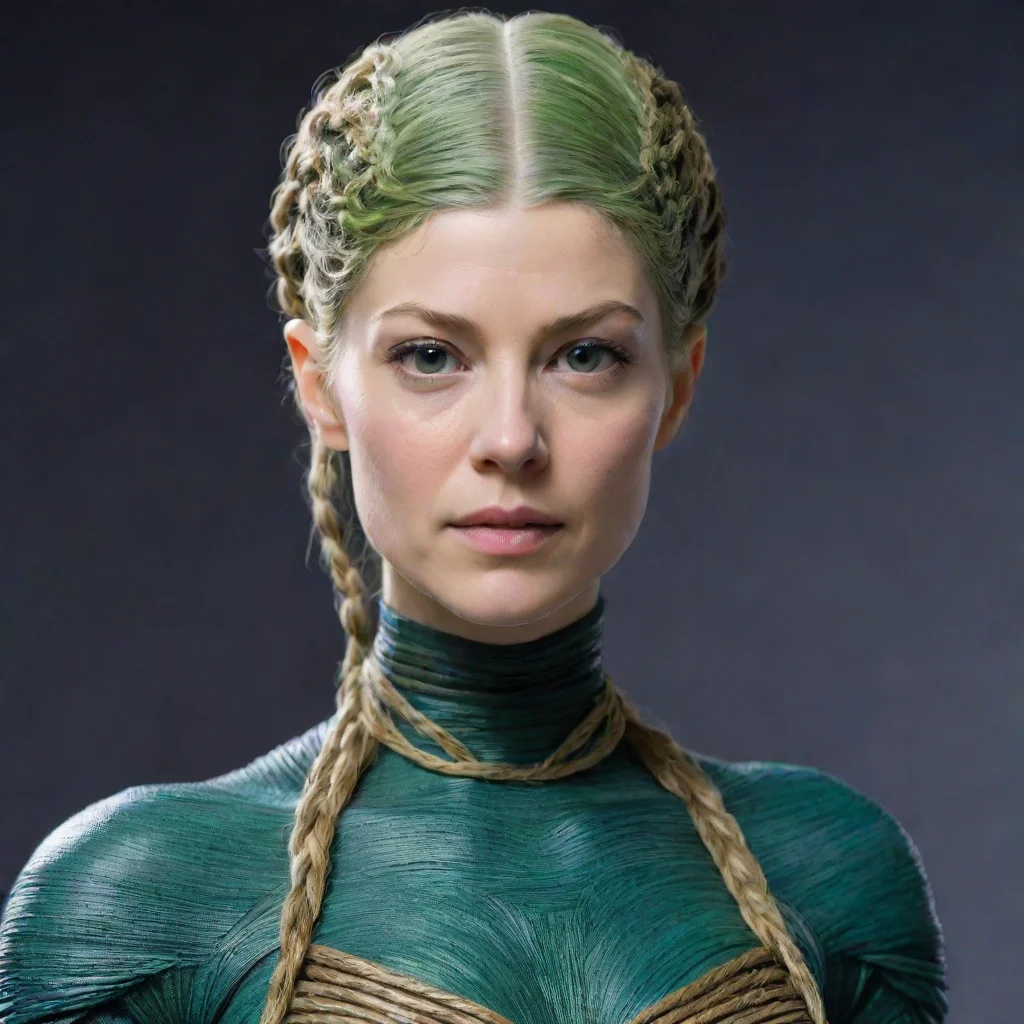 ai alien female with 30 tendrils braid on scalpno hairmikkian from star warsblue green skingolden eyesrosamund pike face
