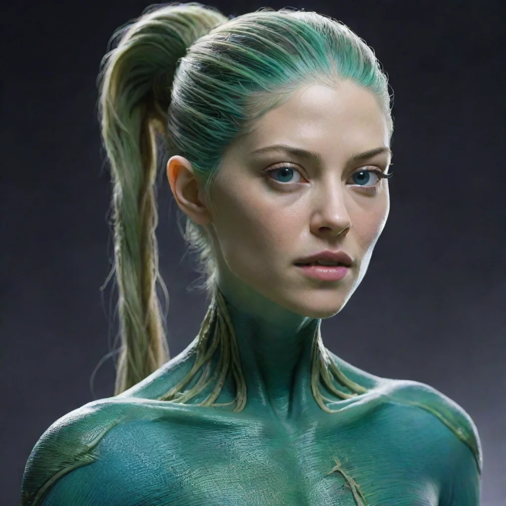  alien female with high ponytail made of long flesh tendrilsno hairmikkian from star warsblue green skingolden eyesrosamu