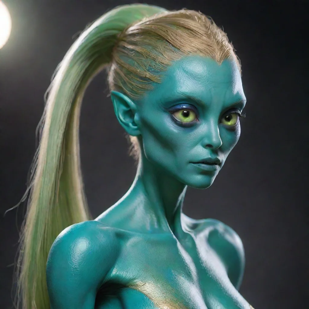 ai alien female with high ponytail made of long tendrilsmikkianblue green skingolden eyesbeautifulalien