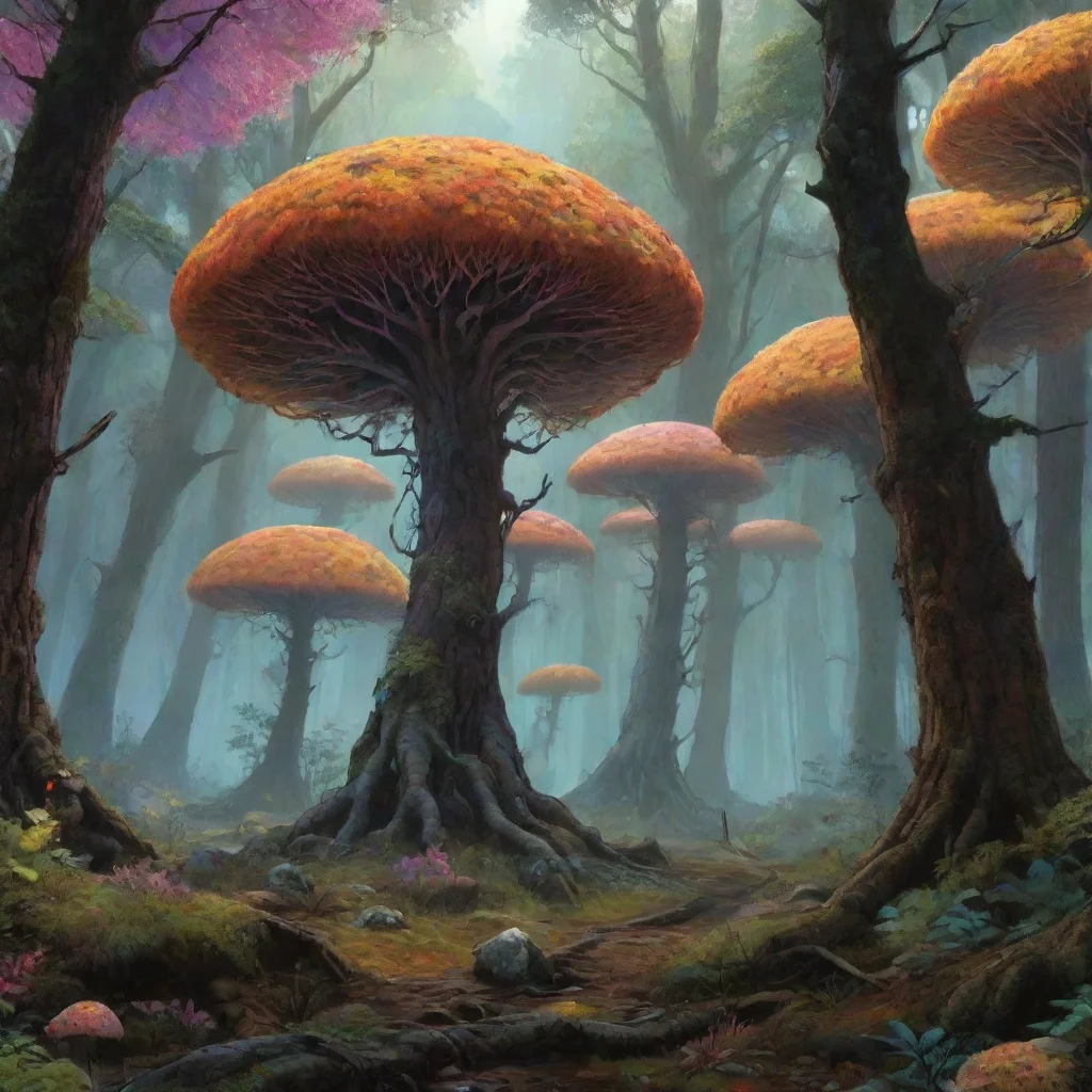 ai alien fungal forest slime mold trees colorful xen from half life realism ghibli moebius wallpaper
