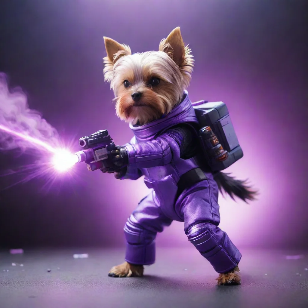 ai alone yorkshire terrier in a cyberpunk space suit firing big laser purple weapon