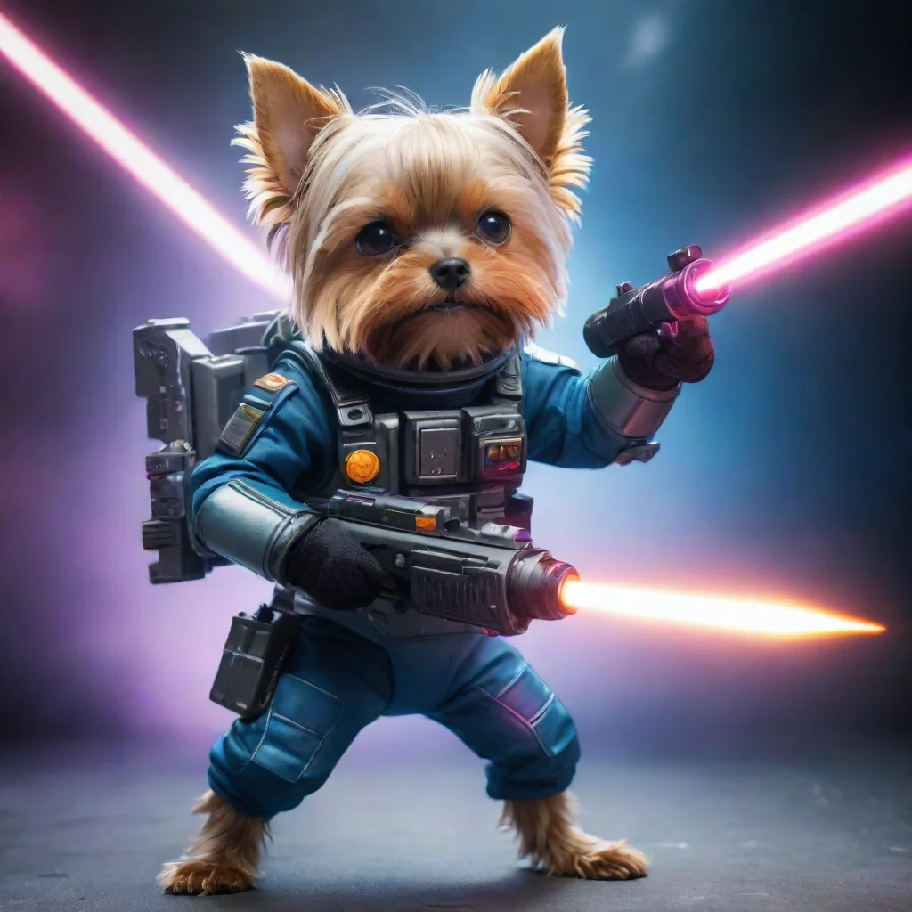  alone yorkshire terrier in a cyberpunk space suit firing big laserweapon with two hands