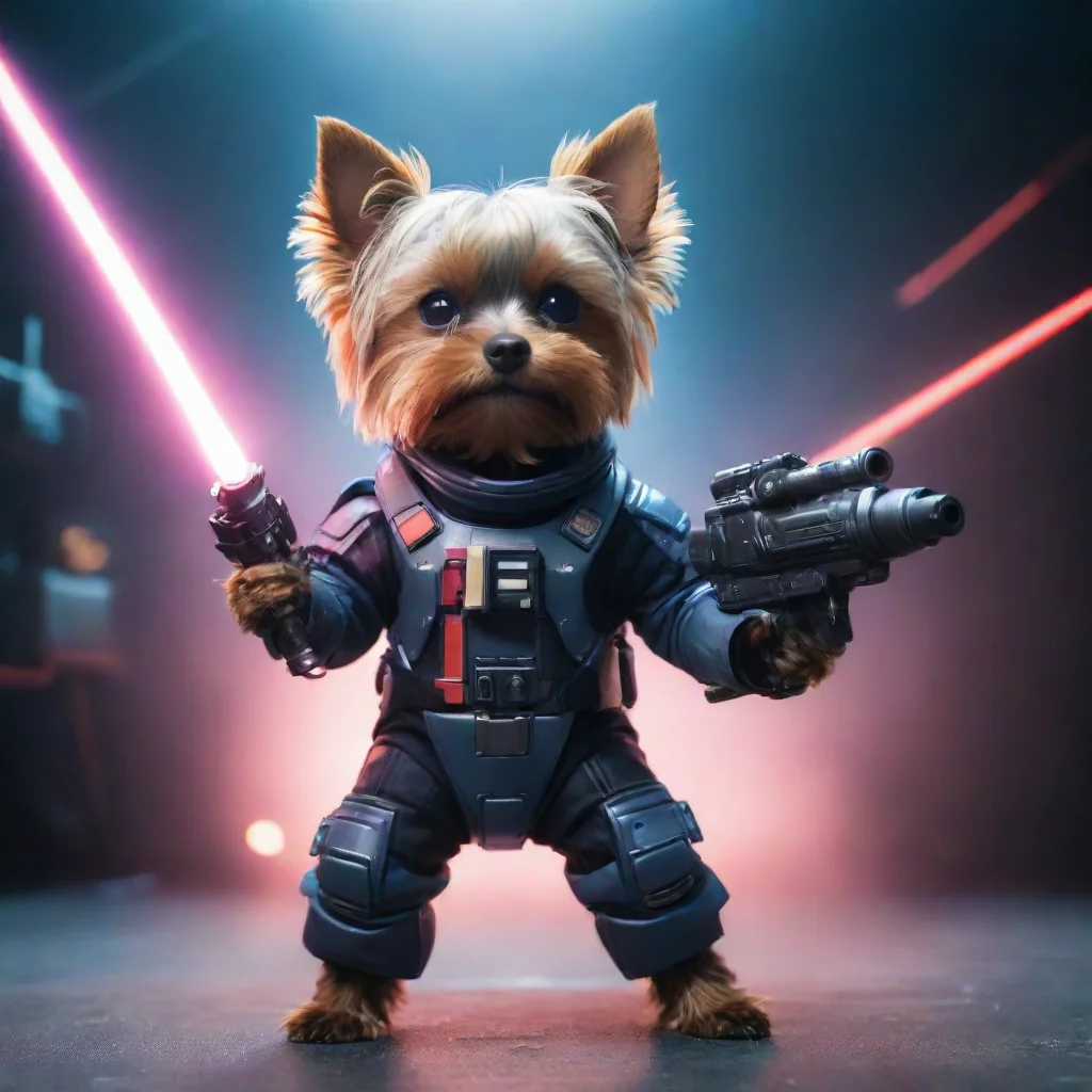 ai alone yorkshire terrier in a cyberpunk space suit firing big weapon laser confident