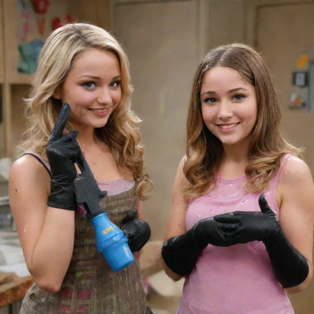  amanda bynes and penelope taynt from the amanda show smilingwith black nitrile gloves and gun and mayonnaise splattered 