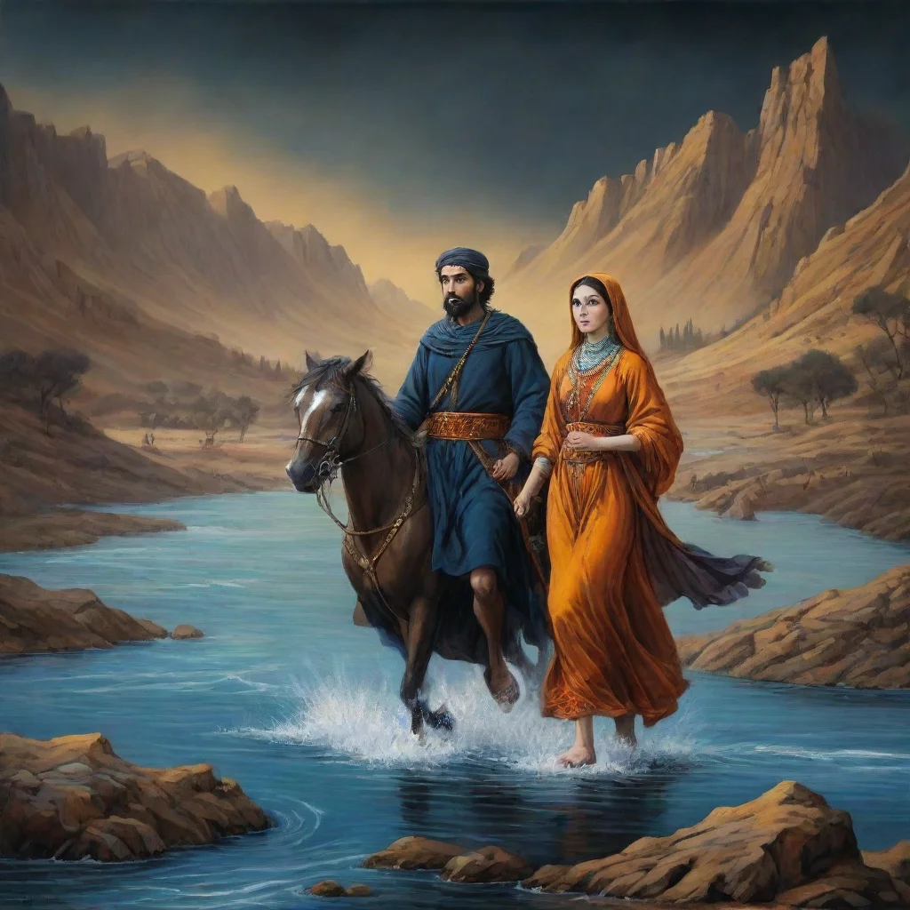  amazing 2 young man with one woman crossing from riverwith shahnameh design art dark awesome portrait 2