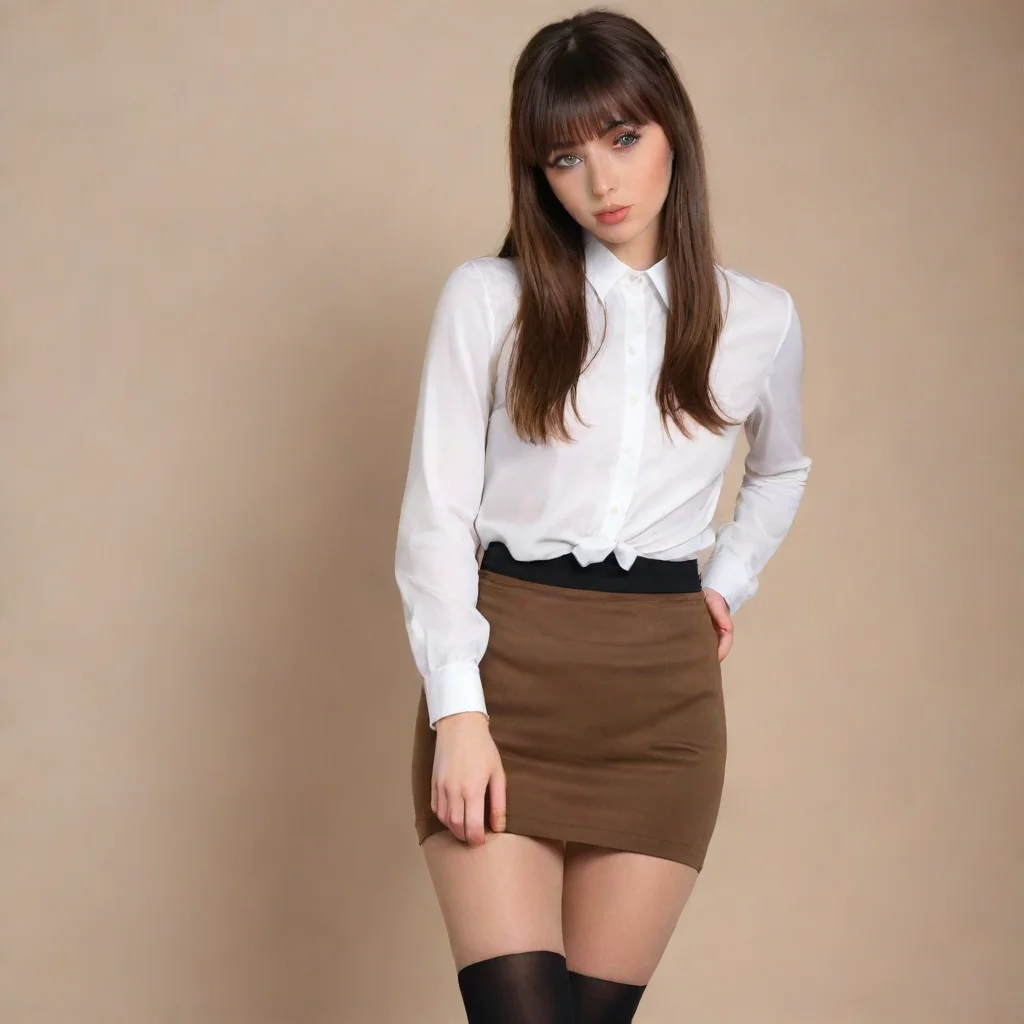 ai amazing 20 year old brunette with bangs wearing a white long sleeve slim shirtblack mini skirtlight brown tights and bla