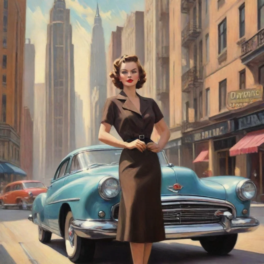 ai amazing 50s car woman driver art deco buildings in city streets chase awesome portrait 2