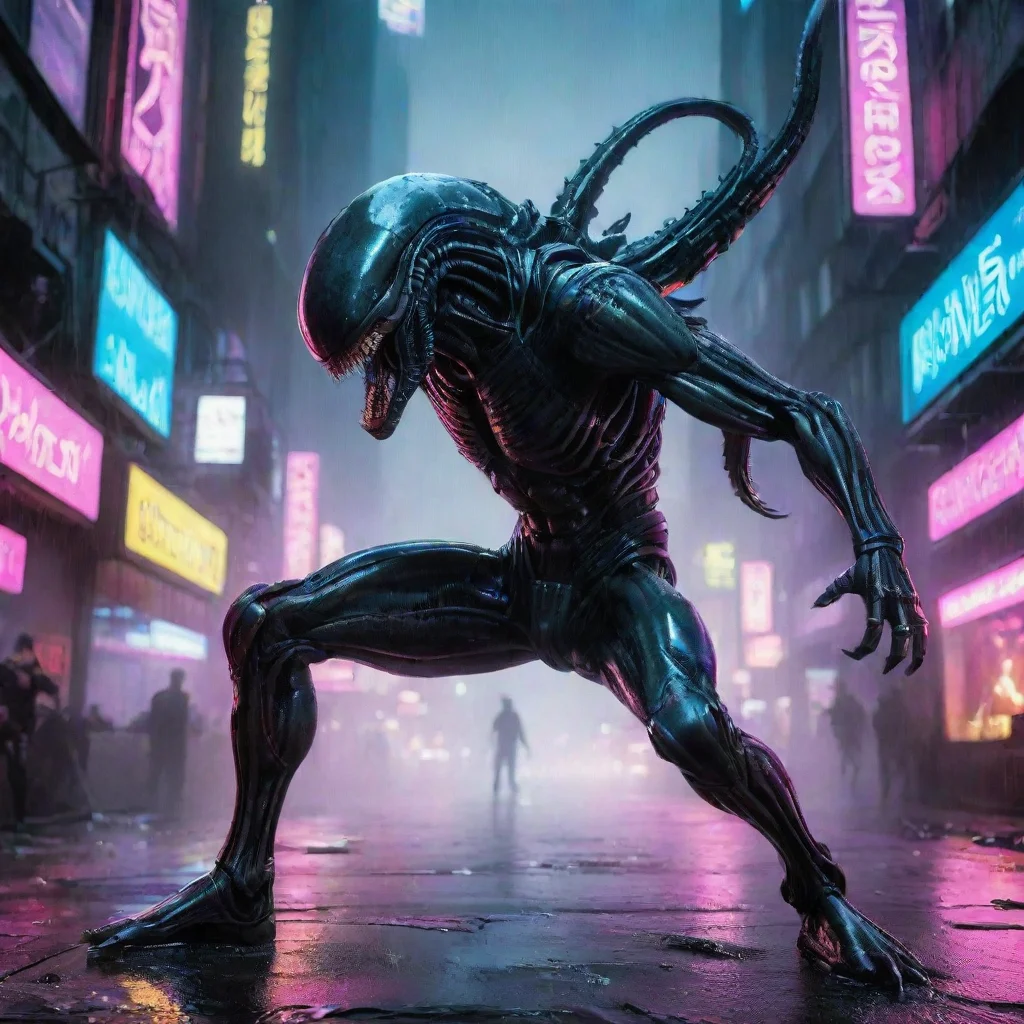 ai amazing a battle scarred xenomorph air kick his opponent through a neon drenched cyberpunk cityscapeits reflective surfa