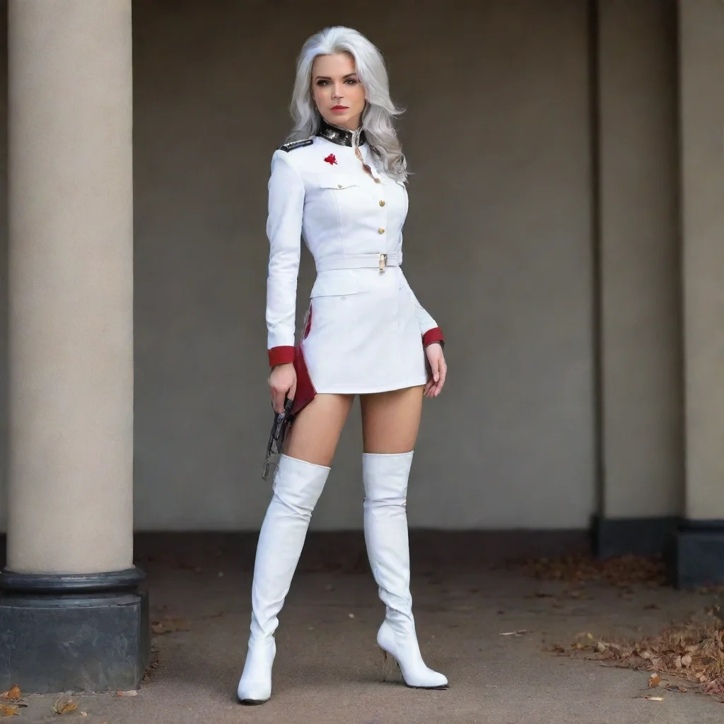 ai amazing a beautiful silver haired officer dressed in a white military uniformwearing blood stained white over the knee h